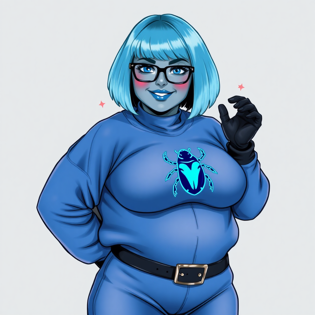 A 28-year-old, full-figured, middle gray metallic-skinned computer program-human hybrid with a maximum blue bob cut. She has a non-athletic build, highlighted by a prominent, round midsection. As a digital sidekick, computer hacker, and nerdy girlfriend to her cyberpunk vigilante boyfriend, her middle gray metallic skin and maximum blue lipstick emphasize her digital nature. She wears an oversized, loose-fitting, maximum blue bodysuit with a neon blue beetle chest icon, a black belt with a sapphire scarab buckle, and black gloves. Her bright blue eyes, black eyeglasses, and lovestruck smile with neon red blush accentuate her nerdiness. She stands bashfully with her hands behind her back, her bodysuit covering all her skin and emphasizing her full-figured, non-athletic physique. She is drawn as if she was in a retro 2D cyberpunk fighting game. She is clearly non-athletic, with emphasis on her full-figured and pudgy physique.