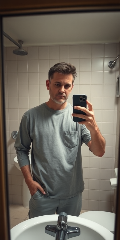 An iPhone selfie of a man in his old early 2000s bathroom