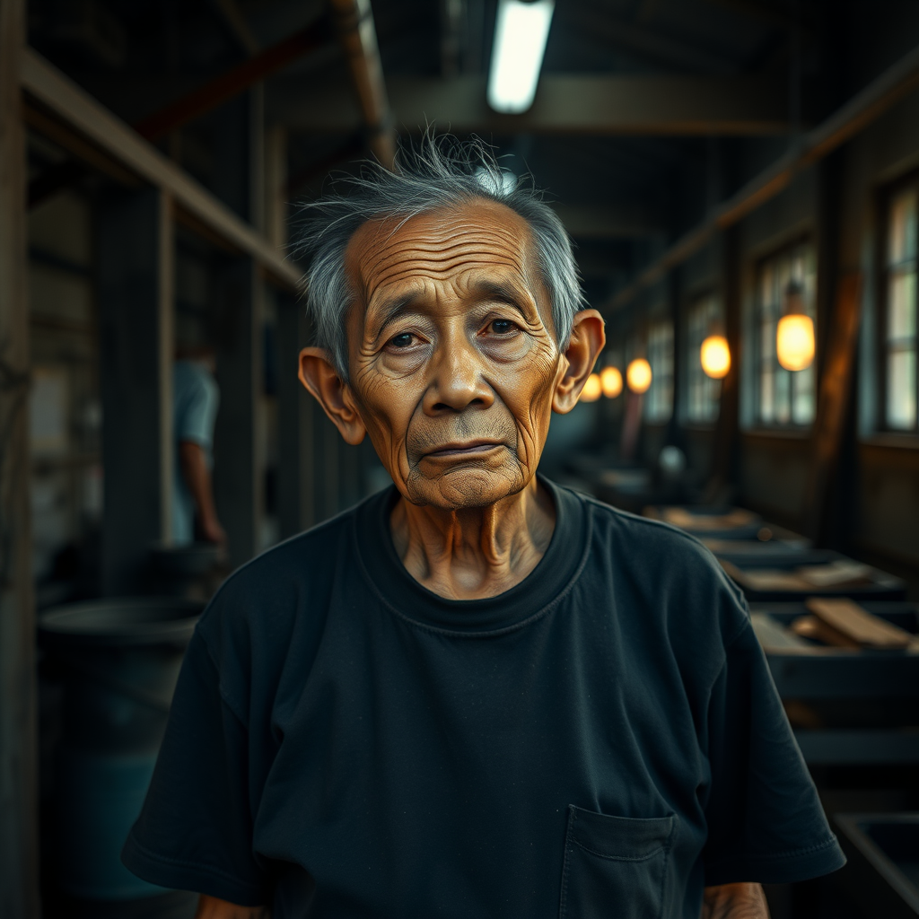 A very sad and hungry Laos Twen with a very old T-Shirt in a very dark old and mystery Factory