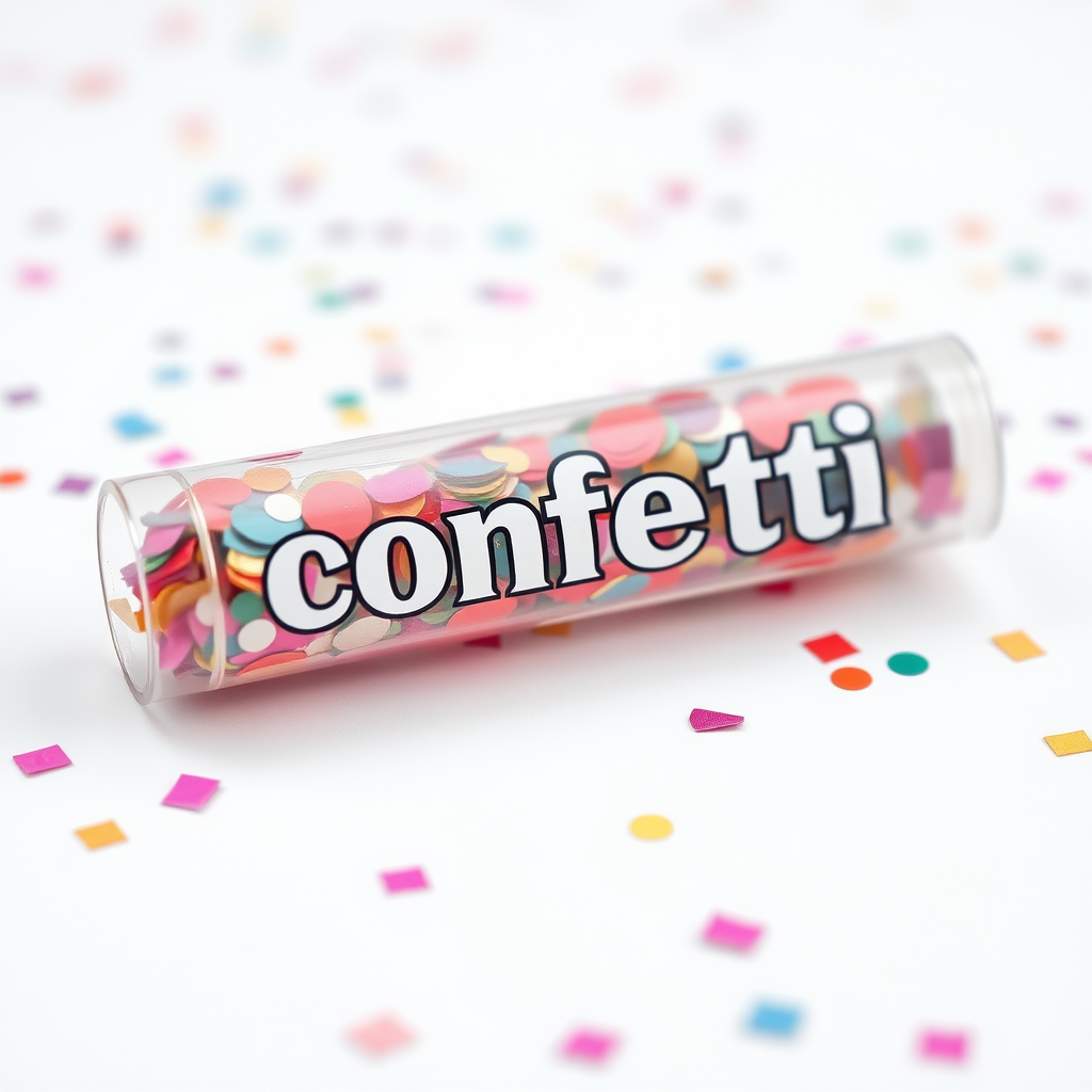 A photo of a fat transparent confetti popper tube with confetti inside and with text "confetti" on it, lying flat at an angle, with confetti around it, white background, distant confetti blurred, white bold text with a black border