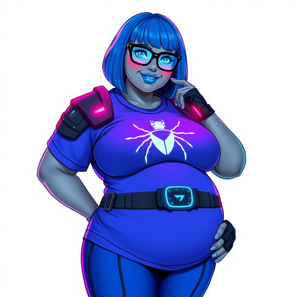 A 28-year-old, full-figured, metallic middle gray skinned, computer program hybrid with a maximum blue bob cut. She has a non-athletic, full-figured build, highlighted by a prominent, round, large midsection (with full emphasis on her large belly). As the full-figured, nerdy, digital sidekick to her cyberpunk vigilante boyfriend, her metallic middle gray skin and maximum blue lipstick emphasize her digital nature. She wears a digital, computerized costume inspired by DC’s Carrie Kelly Robin, consisting of a huge, tight-fitting, maximum blue t-shirt with a neon blue glowing chest icon of a beetle, hi-tech shoulder pads with neon blue accents, a black hi-tech belt with a digital neon blue glowing buckle, digital maximum blue pants with neon blue accents, and black hi-tech fingerless biker gloves with neon blue glowing accents. Her bright blue eyes, black eyeglasses with glowing neon blue lenses with a built-in HUD, and shy smile with neon red blush accentuate her nerdiness. She stands bashfully with one hand behind her back and the other hand gently touching her cheek, her costume covering all her skin and emphasizing her full-figured physique (especially her belly). She is clearly non-athletic, with a heavy focus on her large belly. Despite her build, she radiates beauty. She has a slim face compared to her physique, accentuating her radiant beauty. She is on a solid white background. She is drawn as if she were in a retro 2D cyberpunk fighting game.