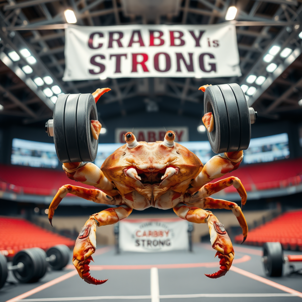 A photo realistic crab lifting weights over his head with his claws in a sport arena with a banner overhead that says "Crabby is Strong"