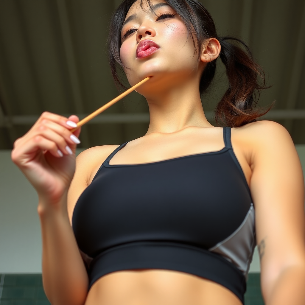 photo low angle wide shot Ayame Goriki wearing sports bra. She is holding something and licking it