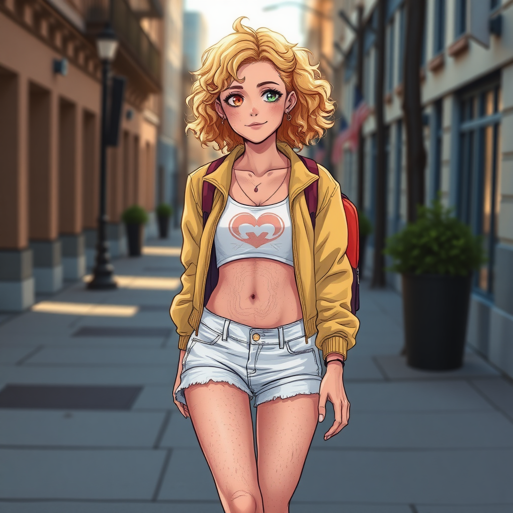 Realistic drawing style image, Extremely good quality 8k resolution drawn manga image of a 15 year old petite and short tomboy girl with golden blonde curly hair with mixed and different colored eyes for each eye and moles on her entire body and is a white American girl, Has on a Gold Jacket over a white extremely short crop top only covering her breasts and nothing more with a design on it, and has on ripped shorts and cool looking sneakers and a deep and big knife cut wound on her stomach from a huge injury she had, with a bright color backpack, ear piercings on, walking on the street to school in the morning with the beautiful sunlight lighting up her body beautifully with no tattoos.