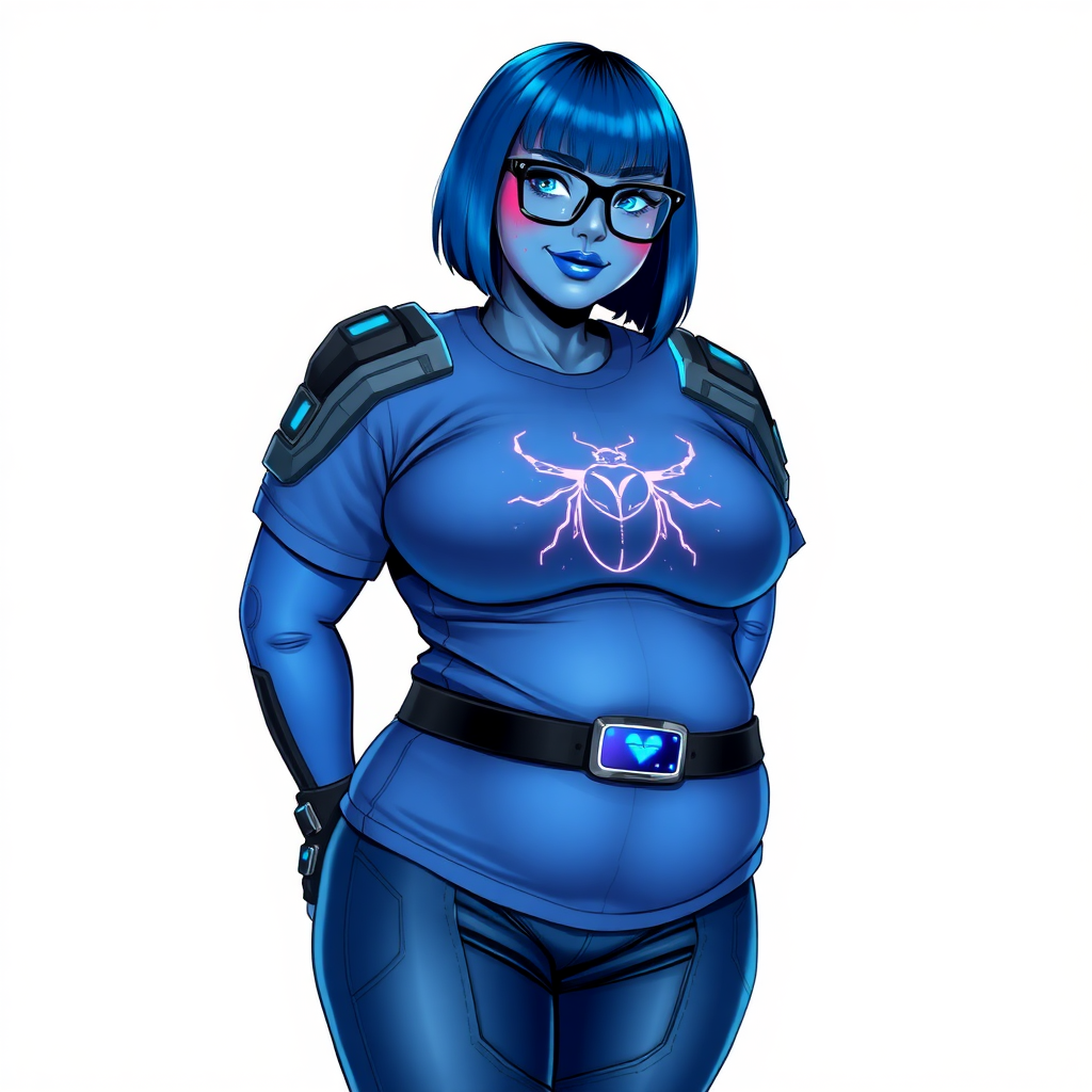 A 28-year-old, full-figured, metallic maximum blue (5PB 5/10) skinned computer program hybrid with a maximum blue bob cut. She has a non-athletic build, highlighted by a prominent, round, large midsection (with emphasis on her belly), which shows the effects of her new love of junk food acquired from her boyfriend. As the full-figured, nerdy, digital sidekick to her cyberpunk vigilante boyfriend, her metallic maximum blue skin and maximum blue lipstick (5PB 5/12) emphasize her digital nature. Her skin has a subtle, animated glow, with digital patterns occasionally flickering across it, making her digital nature obvious. She wears a digital, computerized costume, consisting of a huge, tight-fitting, maximum blue t-shirt (5PB 5/12) made out of advanced nanotech with a neon blue glowing chest icon of a beetle, hi-tech shoulder pads with neon blue accents, a black hi-tech belt with a digital neon blue glowing buckle, digital maximum blue biker pants (5PB 5/12) with neon blue accents, and black hi-tech fingerless biker gloves with neon blue glowing accents. Her neon blue glowing eyes, black eyeglasses with neon blue glowing lenses equipped with a built-in HUD, and bashful smile with neon red blush accentuate her nerdiness. She stands bashfully with one hand behind her back and the other hand gently touching her cheek, her costume covering all her skin and emphasizing her full-figured physique (especially her belly). She is clearly non-athletic, with a focus on her full-figured physique. Despite her build, she radiates beauty. She has a slim face compared to her physique, accentuating her radiant beauty. She is on a solid white background. She is drawn as if she were in a retro 2D cyberpunk fighting game.