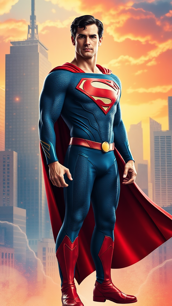 Generate a full-length image of Superman, featuring the musculature and silhouette of Elastigirl. Maintain Superman's head, hairstyle, and facial features. Adjust the original costume, adding embellishments and adapting it to the new proportions. Create a dynamic background inspired by both characters, blending elements from Superman's Metropolis and Elastigirl's vibrant world. Capture a sense of strength and flexibility, emphasizing the unique traits of each character in this imaginative crossover.