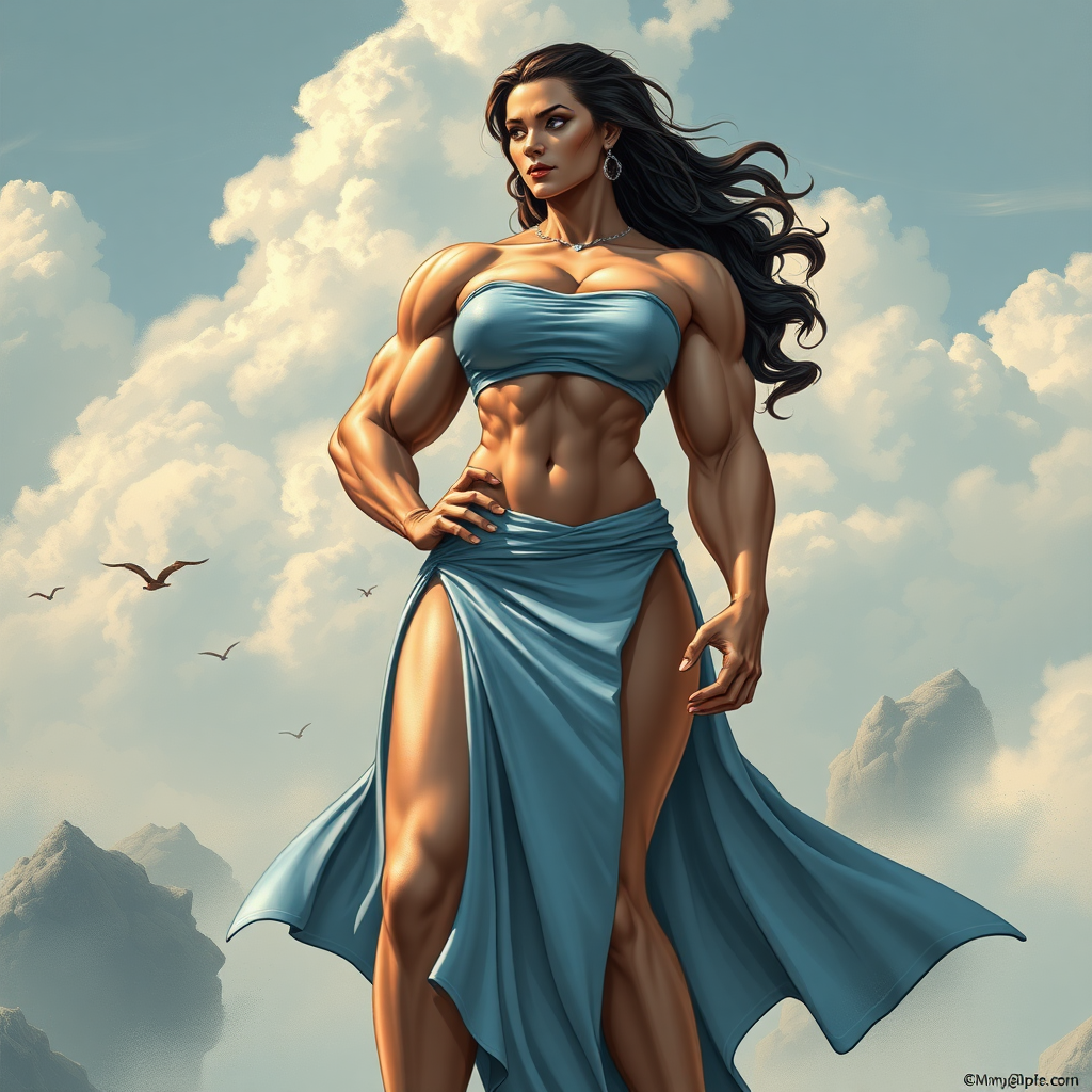 jacked massive huge bodybuilder girl, strapless dress, super hero