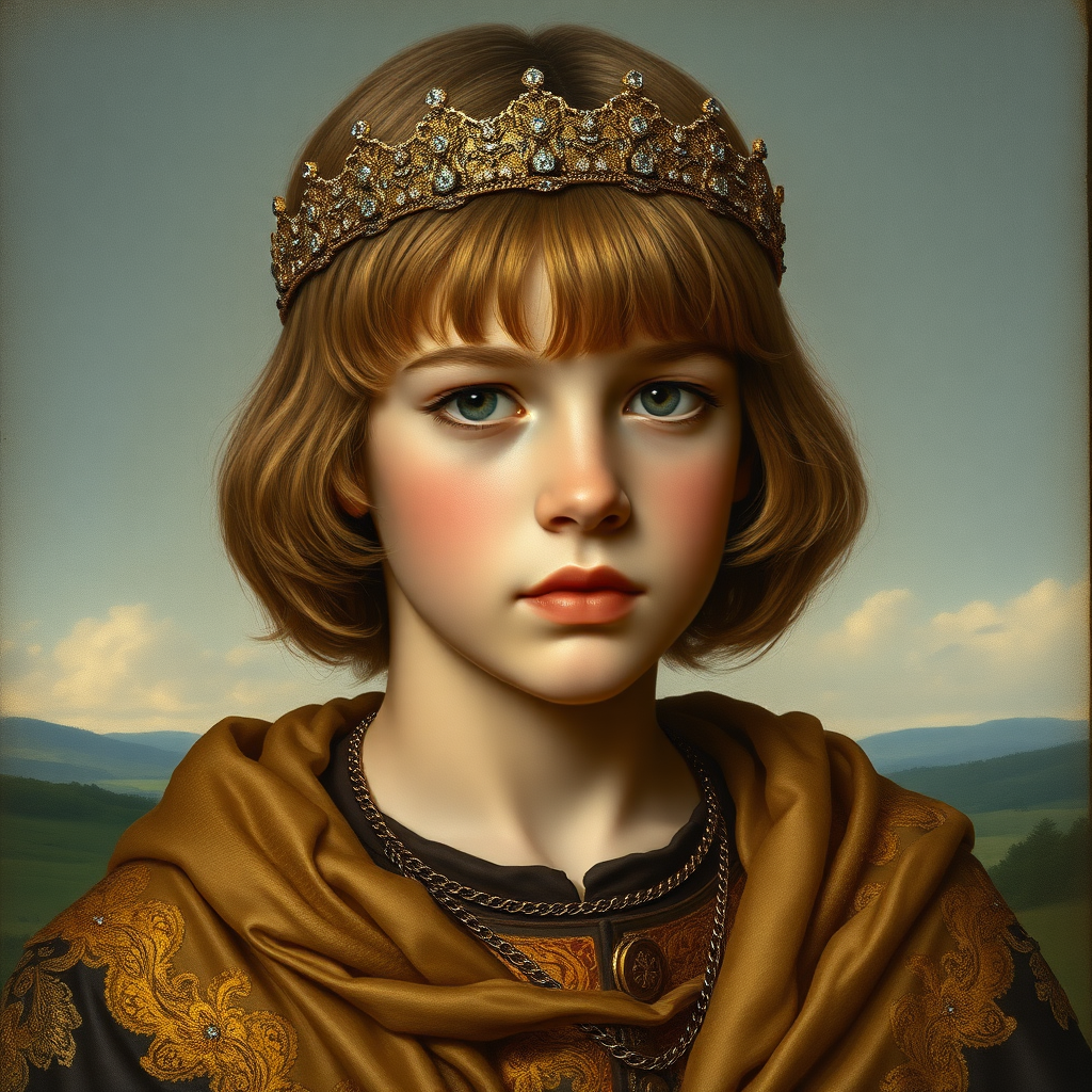 16yo teen boy prince, long bob cut, embroidered with gold and diamonds medieval cloths, diamond diadem, natural Skin Texture, and Beautiful War. Free style by 50% Adolphe William Bouguereau, Academic realism and 20% Sandro Botticelli, early Renaissance and 30% Otto Lomüller, Boy Scout photorealism. The background is in the style of landscape style by Antonio del Polaiolo, Generating the signature at the bottom: Viva FLUX and Bach, ultra high resolution, 16K.