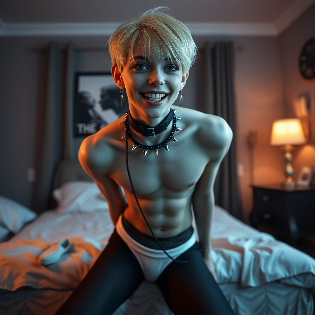 photorealistic, ultra high resolution, 16K, surreal fantasy, studio lighting, a pretty 14 year old goth male, slim male physique, short blonde hair, goth makeup, earrings, glossy black pantyhose, white ballet shoes, spikey neck collar and leash, in the bedroom, excited smile, facing the camera.