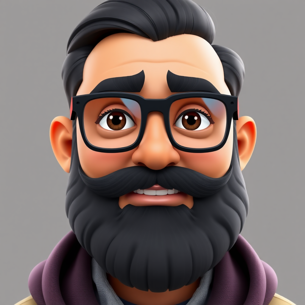 Cartoon 3D Avatar of an Asian Arab guy with spectacles and a long beard, but short to medium moustache and hair loss on temples on level 3 Norwood scale.