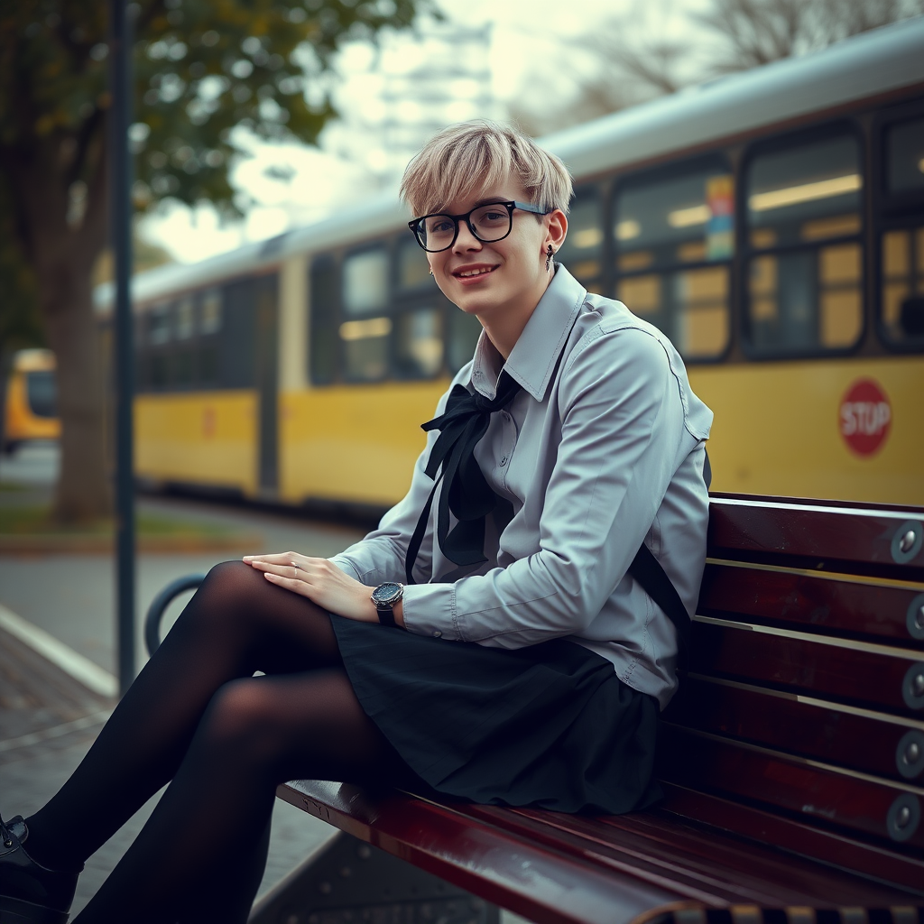 photorealistic, ultra high resolution, 16K, surreal fantasy, soft studio lighting, a pretty 18 year old goth male, slim male physique, short blonde hair, black glasses, goth makeup, earrings, shiny black pantyhose, UK girls-school uniform, Mary-Jane shoes, sitting on his boyfriend's lap on a bench waiting for the school bus, in daylight, excited smile, facing the camera.