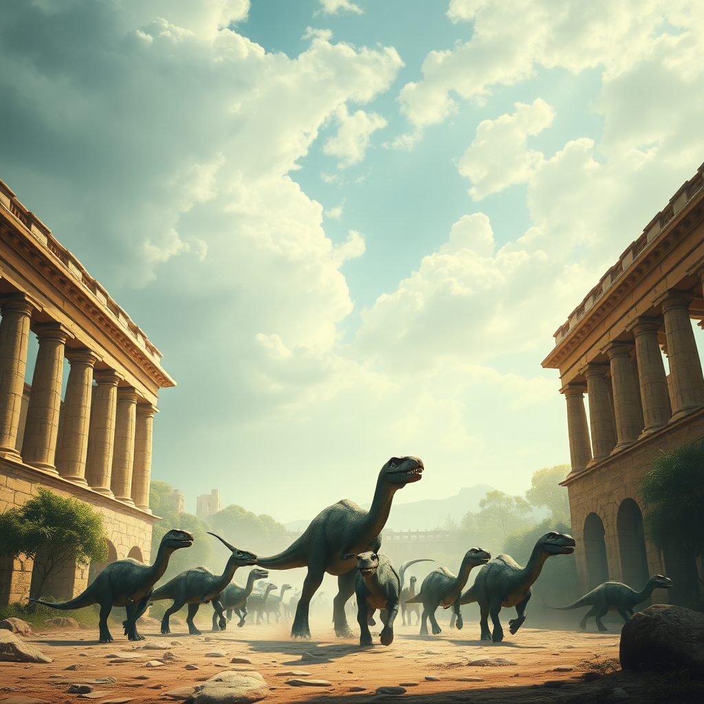 a brontosaurus race around a huge roman ampitheatre