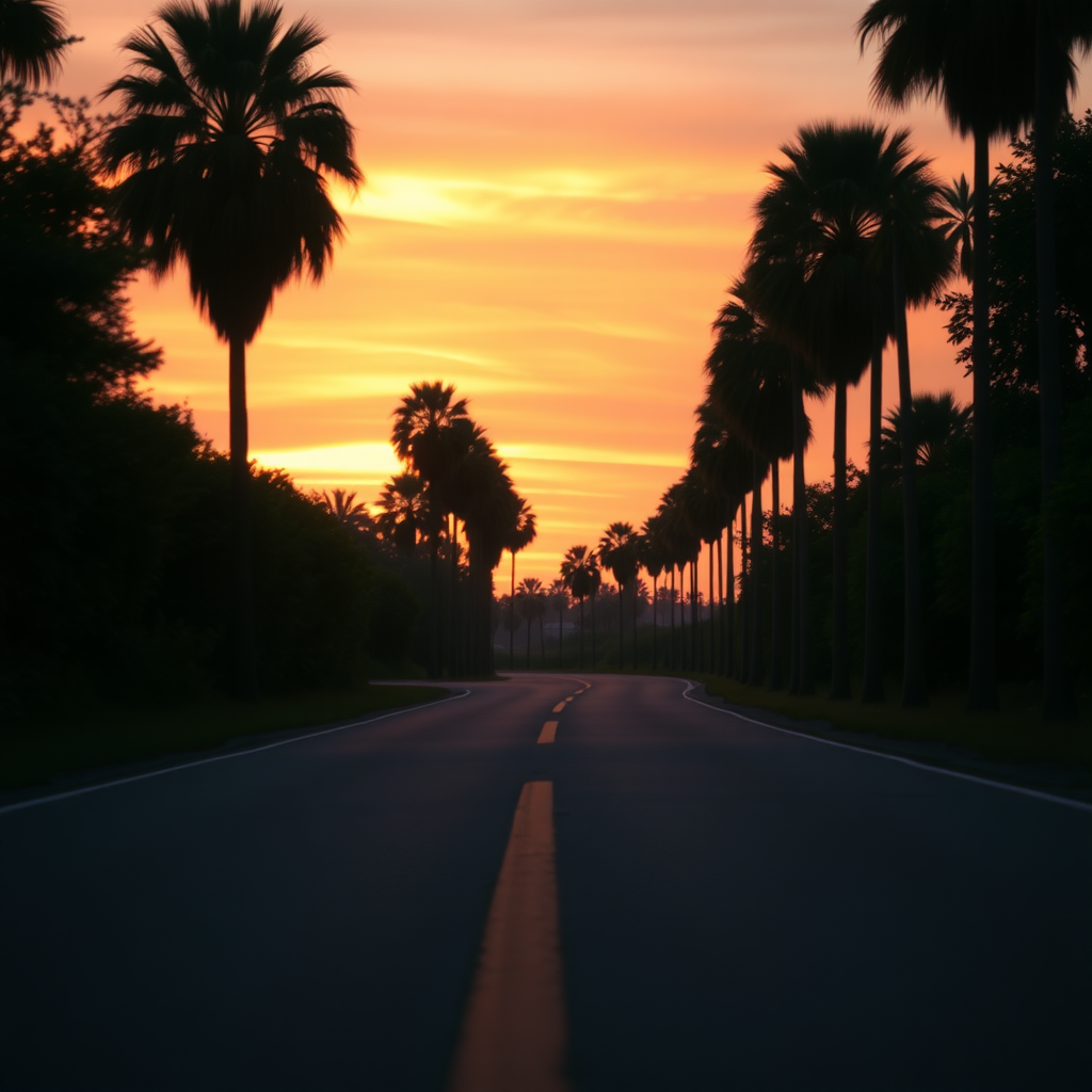 This is a serene sunset scene captured from a low angle along a winding road lined with tall palm trees. The road features a noticeable yellow line that draws the viewer's gaze toward the distance. The sky is breathtakingly blended with warm oranges, deep purples, and soft pinks, reflecting the mood of a calm and golden hour. The soft silhouettes of lush greenery on either side create a sense of depth, and the fading sunlight casts gentle shadows. The image emphasizes color and atmosphere rather than precise details, evoking a peaceful feeling through an impressionistic aesthetic.