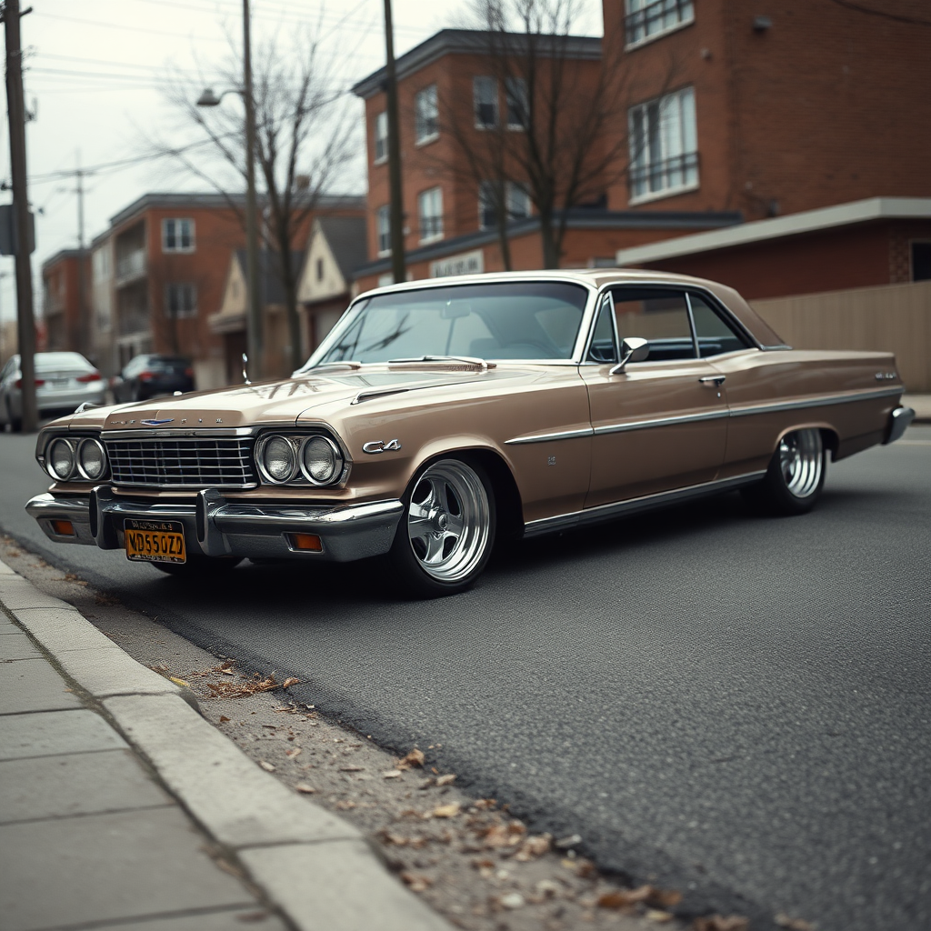 the car is parked on the side of the road, inspired by Taiyō Matsumoto, tumblr, restomod, nd4, c4 metallic shine classic american low rider car