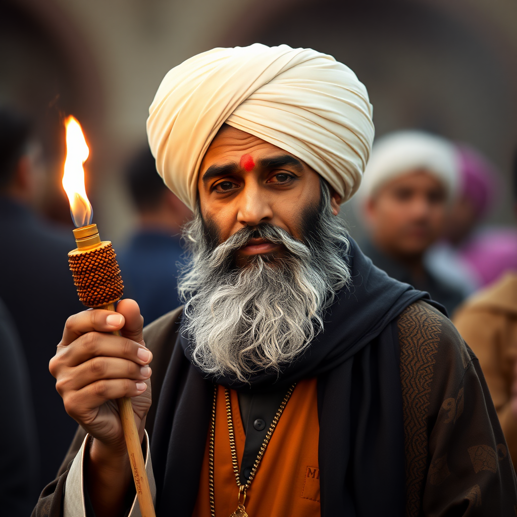 Someone religious, an Islamic guy wearing a turban, holds a burning beeper.