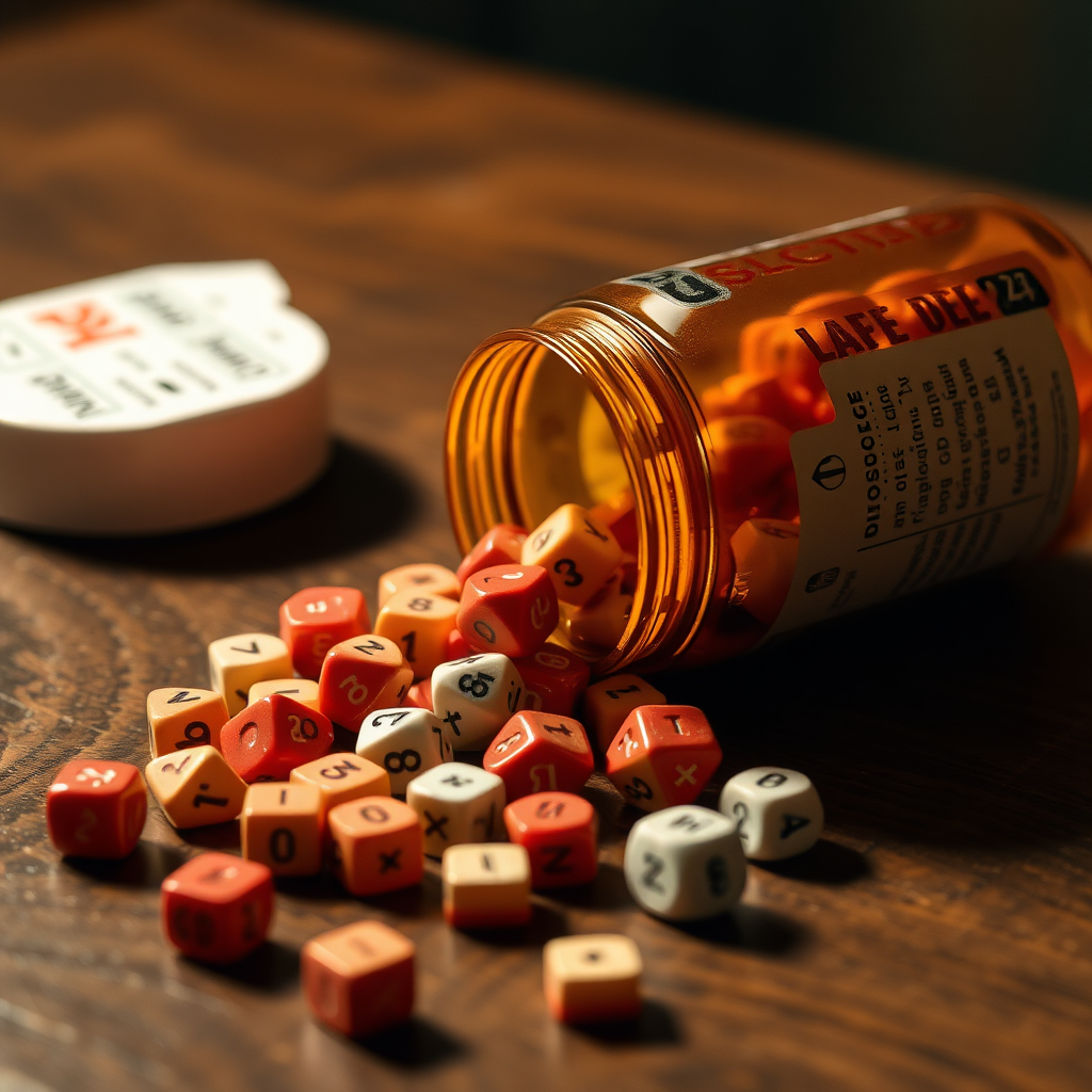 A pill bottle spilling D20s across a table, looks like a drug warning