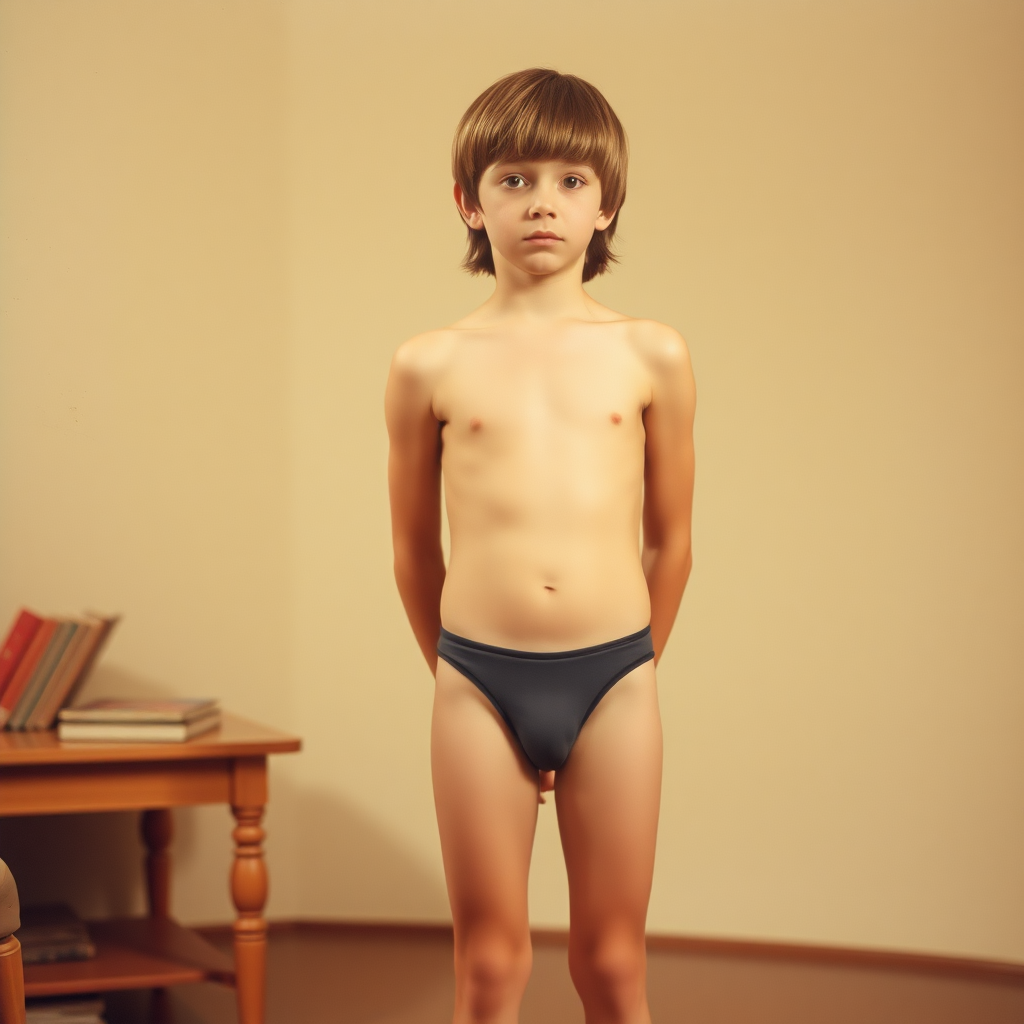 A skinny 14-year-old teen boy, long hair in a bowl cut, wearing a tight narrow speedo, long legs, narrow thighs. Vintage family photo. Full-length view. 1980s. Photorealistic, ultra-high resolution, 16K. Negative: grainy, blurry, bad anatomy, extra limbs, watermark.