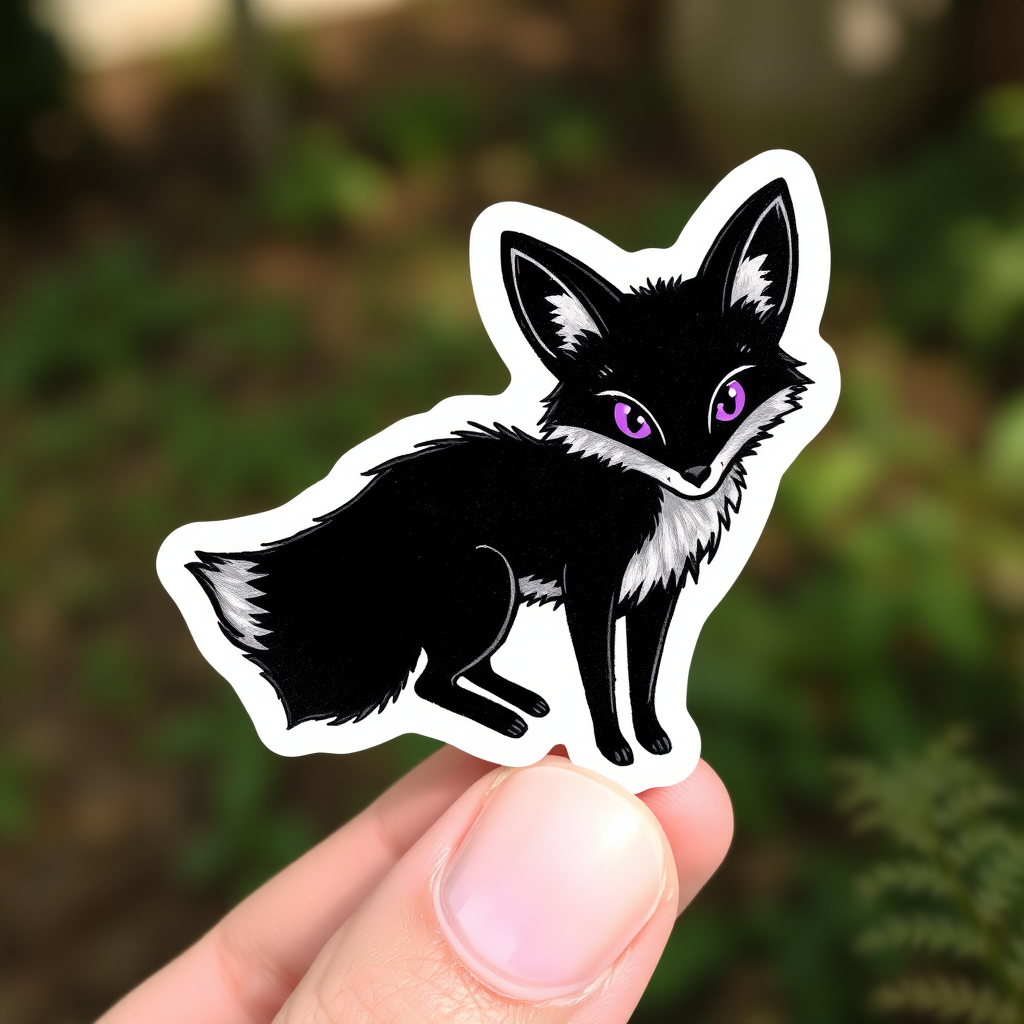 A sticker of a hand drawn black fox with purple eyes and tail tip