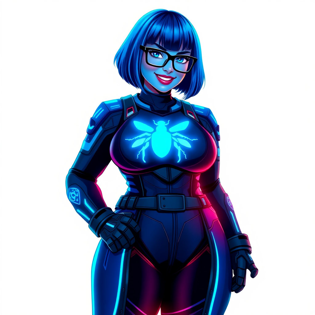 A full-figured 29-year-old computer science major, now transformed into a full-figured, maximum blue skinned nerdy digital sidekick for a cyberpunk vigilante, with maximum blue skin. Her bob cut seamlessly blends with her skin, forming part of her data, and her neon blue eyes glow intensely. Her full figure is defined by a prominent, round, wrecking ball-sized midsection, sequoia-sized limbs, and broad shoulders. As a loyal and supportive sidekick, she plays a crucial role in their missions, using her digital skills to assist and protect.

She wears a digital, computerized biker suit that blend with her hair and skin (appearing to merge together as computer data), featuring a maximum blue color scheme and a neon blue glowing beetle chest icon, along with matching high-tech gloves. She bashfully giggles with a neon red blush, emitting neon blue data cubes from her body, set against a solid white background. Heavily pampered by her doting boyfriend, her full figure clearly shows this care. She has the ability to hack into computers and machines, and her nerdiness is blatantly obvious with her black oversized eyeglasses. Her full figure (especially her wrecking ball-sized midsection) is prominently displayed and heavily emphasized. Her outfit is influenced by DC’s Jennifer Knight Phantom Lady but remains distinct. She is drawn as if she was in a retro 2D cyberpunk fighting game. Ensure her skin tone is distinct from Inside Out's Sadness from any other character.