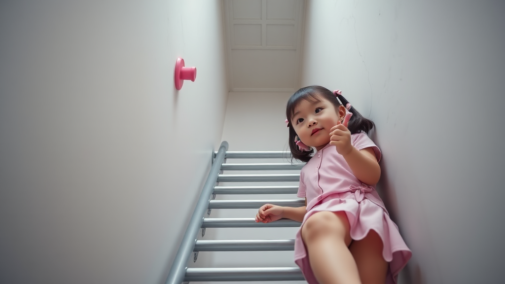 chubby 12 year old japanese schoolgirls in pink pigtails, tiny or small skirt, climbing a ladder,read low angle pov