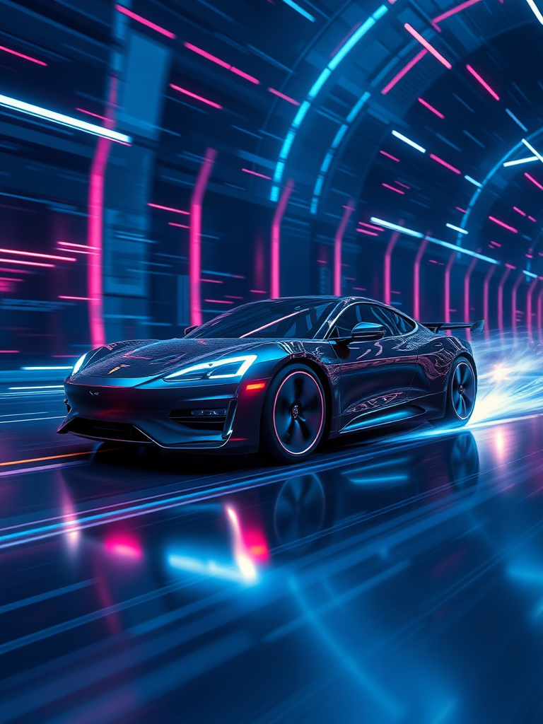 Make a realistic 3D rendering of an electric car racing in cyberspace. Make the background cyber-like and the "electric sparks" give it a sense of speed. Make the overall color dark blue. Make the floor