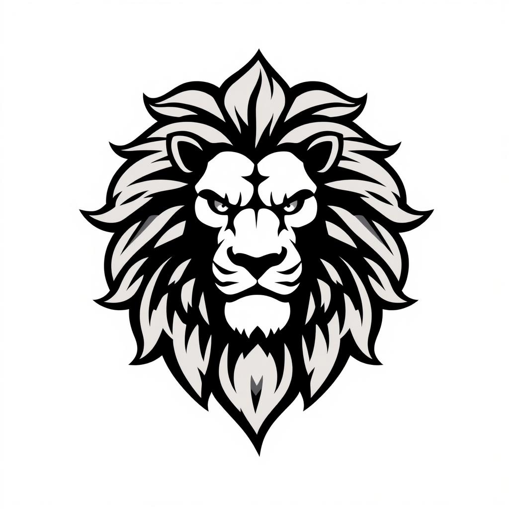 Create a logo design of a stylized lion, illustrating a majestic and powerful expression. The lion should be drawn in black against a light background, highlighting its voluminous and intricately detailed mane. The artistic style of the illustration should convey strength and courage, making it suitable for use as part of a sports uniform or branding.