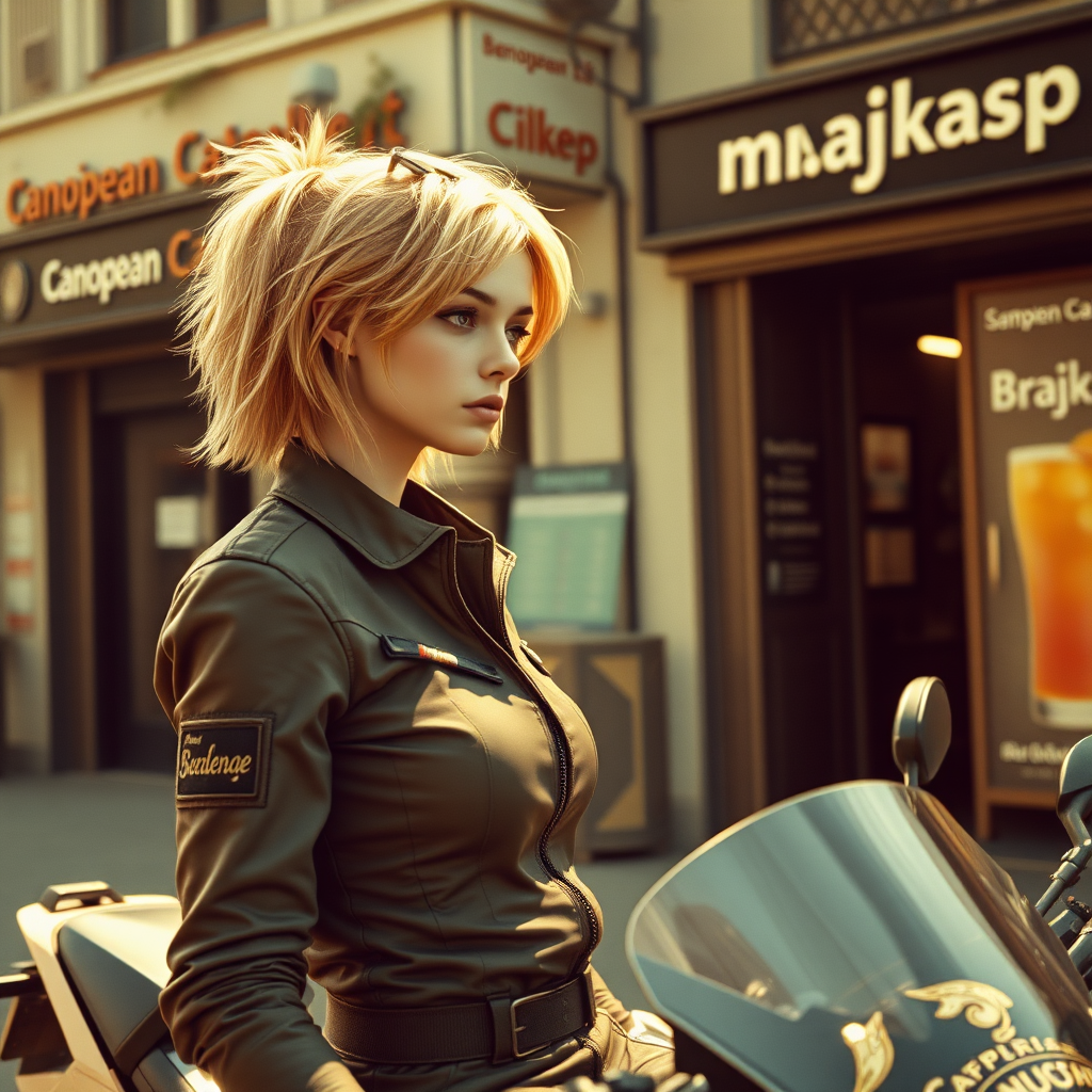 A girl with face like (Ana de Armas), pale, no makeup, messy shoulder length strawberry blonde hair, athletic, wearing a flight suit, "Benaenae" badge on the pocket. She is sitting on a motorcycle, looking down the street away from us. Futuristic urban, a bar with the words "Canopean Catcaller" above the door. Morning, bright. Advertisement for a drink called "Brajkaisop". Hyperrealistic, film grain, soft focus. Science fiction elements.