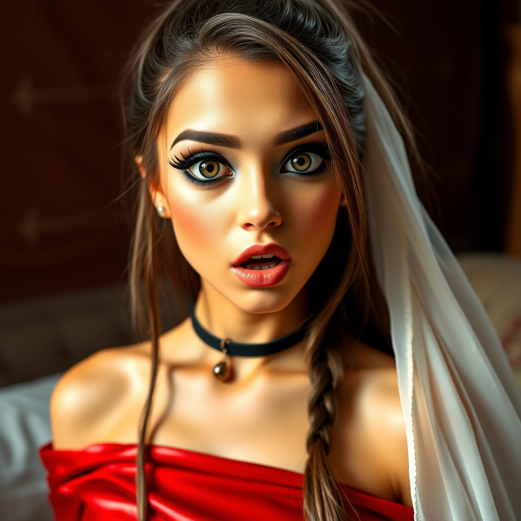 surprised Arabian girl with mouth open. She has very large eyes, black eyeshadow, black eyeliner, fake eyelashes, very tanned skin, very long hair. very high ponytail, red off shoulder shinny crop top. photo realistic