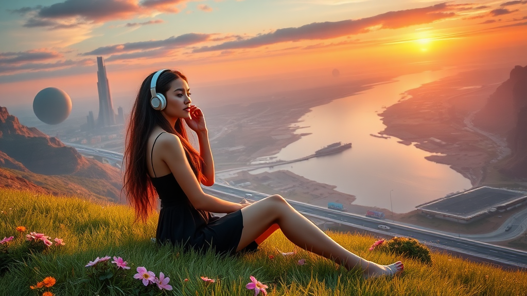 pretty azian woman long hair, pretty short black dress, sit on the grass with flowers, with headphone, alien planet, aliens buildings, with nice greenery flowers and rivers, beach, nice sunset, highways and streets, ultra realistic view high detail