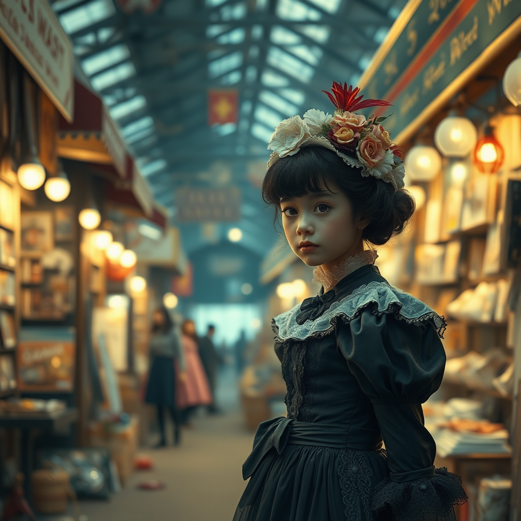 a young girl in flea market wearing a Victorian dress, cinematic still, high quality photo, by victo ngai, by Masamune Shirow, by wadim kashin, by audery_kawasaki, by ismail inceoglu, by amy sol, outline, hyperrealism, by klimt, intricate environment, ultra-detailed cinematic shot, impressionistic, dynamic