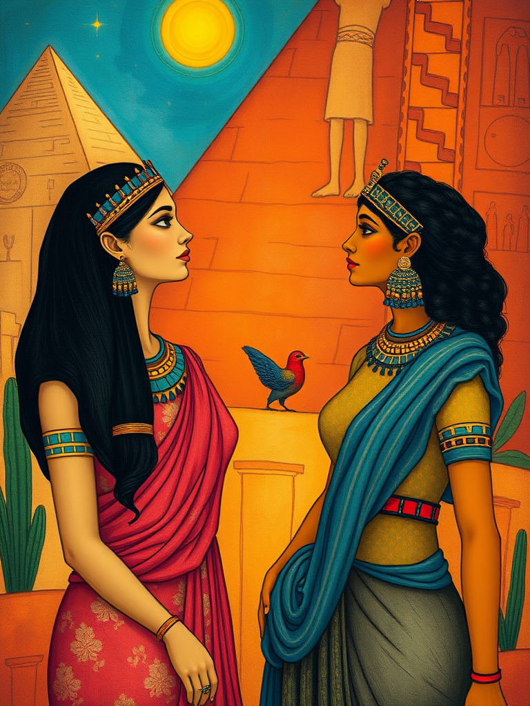 Create the following picture Prompt: An image in the style of Marc Chagall and Egyptian style. Depict two women in an ancient Egyptian landscape.