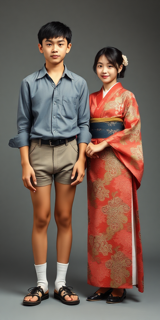 A 14yo teen boy, wearing shirt, tight booty shorts, tube socks, shoes, long legs, narrow thighs. With a girl wearing traditional floor long kimono. full-length view. studio background. Family photo. 1980s. 
photorealistic, ultra high resolution, 16K,
Negative: grainy, blurry, bad anatomy, extra limbs, watermark.