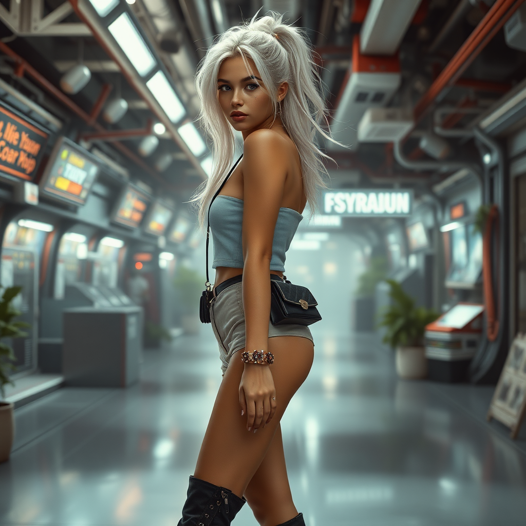 A full body shot of a pretty girl like (Ana de Armas). Pale, freckles, eyeliner, messy long white hair in a ponytail. Crop top, Cyberpunk 2077, space station, crop terrarium, high heel ankle boots, collar, purse, and jewelry. Lips slightly parted. Photorealistic digital matte painting, soft focus, film grain, lens flare. She is walking away from the camera.