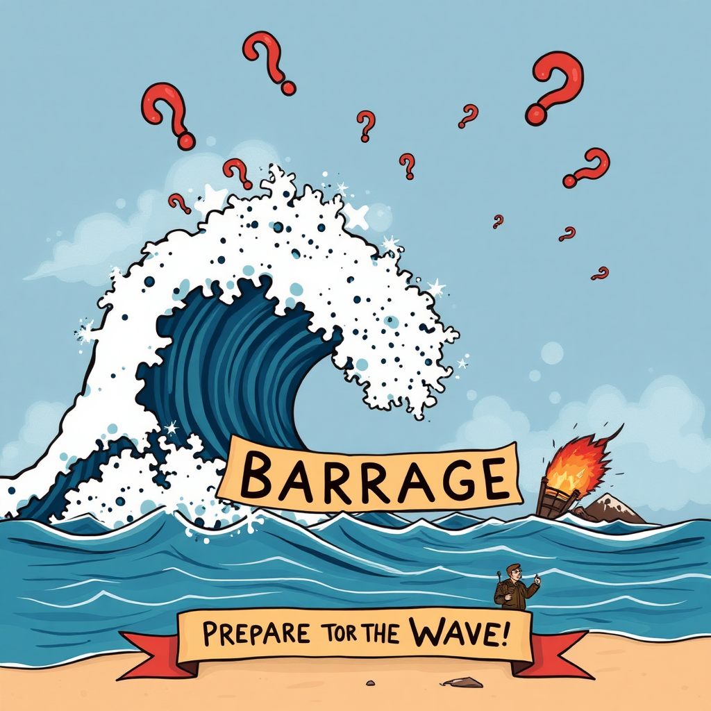 **Word Analysis**

**Barrage** refers to a concentrated artillery bombardment over a wide area or an overwhelming quantity of something, such as questions or criticisms. It can also mean to direct a lot of something (like words or complaints) at someone.

**Example Sentences**

1. The army launched a barrage of artillery fire during the attack.
2. After the presentation, she faced a barrage of questions from the audience.
3. The politician received a barrage of criticism following his controversial statement.

**Root Analysis**

**Root** - The root of "barrage" comes from the French word "barrager," meaning "to obstruct."

**Derived Words** - Barricade, barrage balloon

**Affix Analysis**

**Prefix** - None.

**Root** - "Barr" relates to obstruction.

**Suffix** - "-age" indicates an action or a process.

**Other Words with the Same Affixes** - Manage, damage, salvage

**Historical and Cultural Background**

The term "barrage" emerged in the early 20th century, primarily associated with military terminology, referring to a heavy bombardment of enemy positions. Its usage expanded to describe any overwhelming amount of something directed toward an individual or group. In Western culture, the concept of a barrage is often linked to communication, especially in media and politics, where individuals may face overwhelming amounts of information or criticism, often leading to discussions about freedom of speech and the impact of public opinion.

**Word Forms**

- **Noun**: barrage
- **Plural Noun**: barrages
- **Verb**: barrage (to attack or overwhelm)
- **Adjective**: barraging (informal usage)
- **Adverb**: (none directly)

**Fixed Collocations**

- Barrage of questions
- Barrage of fire
- Artillery barrage

**Memory Aids**

To remember "barrage," think of "AN OVERWHELMING ATTACK." Visualize a wall of water crashing down. Another mnemonic could be: "Barrage = A Flood of Information!"

**Word Illustration**

{ An imaginative scene depicting a giant wave crashing over a shore, symbolizing an overwhelming barrage, with flying question marks and exclamation points in the air, and a banner that reads, "Prepare for the Wave!" }