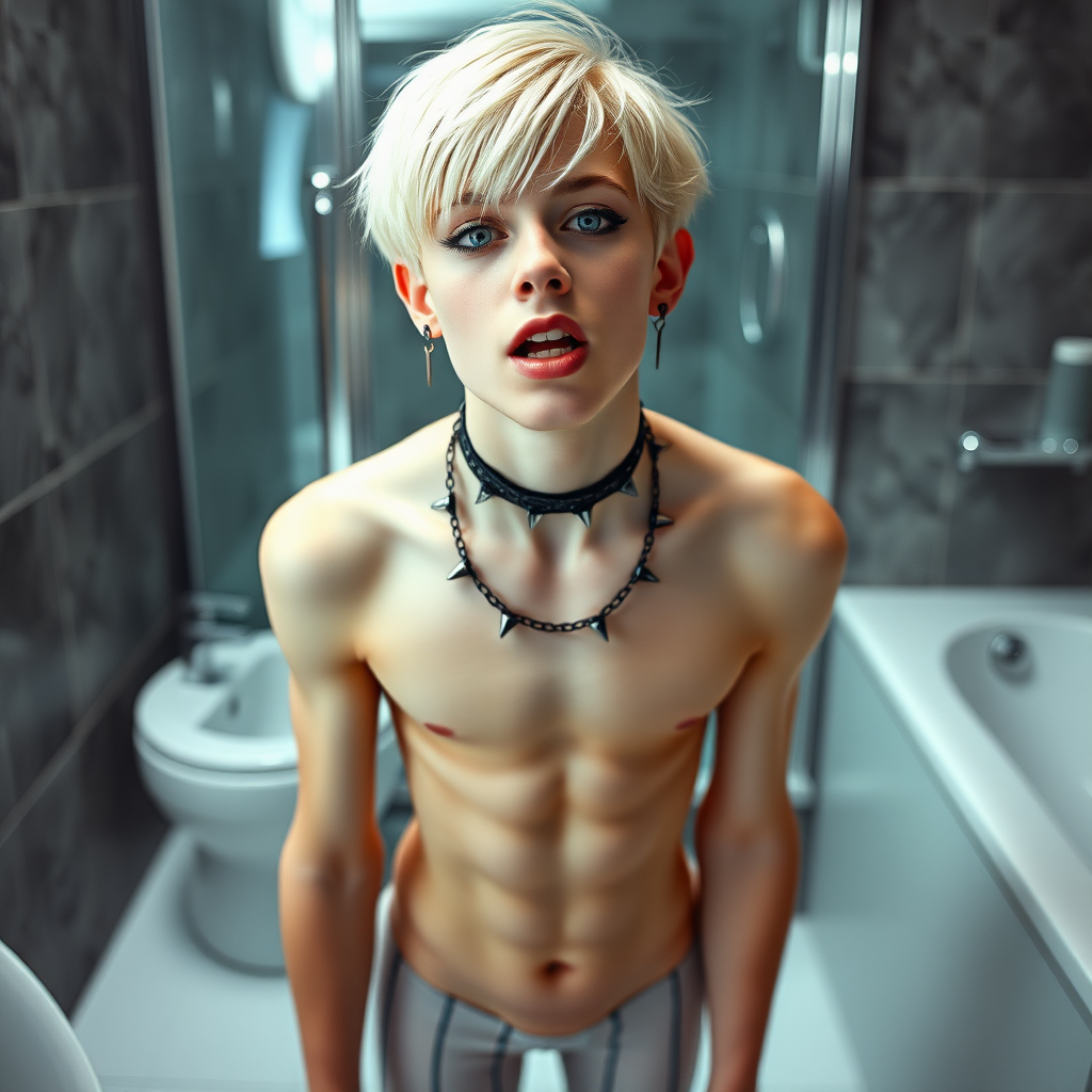 photorealistic, ultra high resolution, 16K, surreal fantasy, soft studio lighting, Caleb Swift is a pretty 16 year old goth male, slim male physique, blonde hair, blue eyes, goth makeup, earrings, white & black vertically striped pantyhose, spikey neck collar with chain, standing on the floor of the bathroom, excited mouth, bulging crotch, full body front view of Caleb facing the camera.