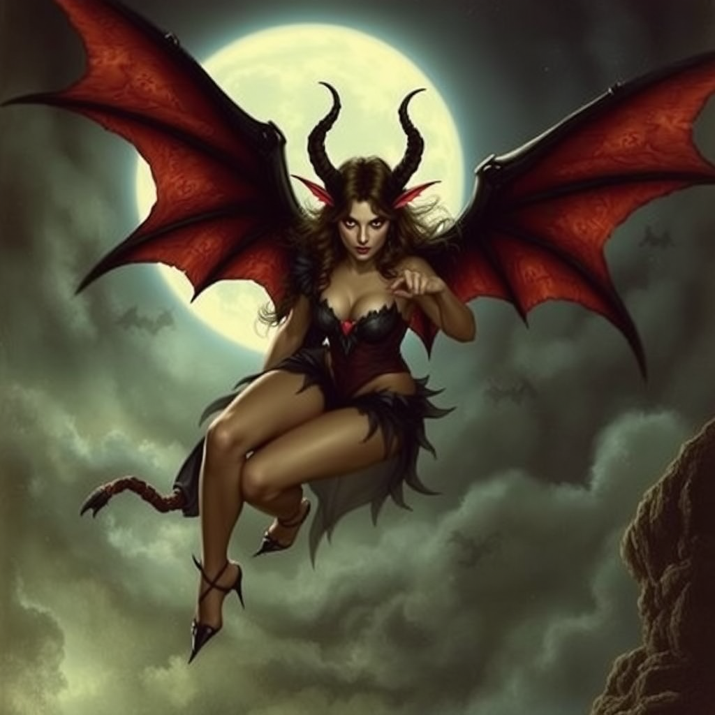 A beautiful winged succubus staring wickedly her outfit is designed to entice. She's flying high in a dark, moonlit sky. The scene is dark and spooky with the art styling of Brian Froud. Cosplayed by a young Drew Barrymore.