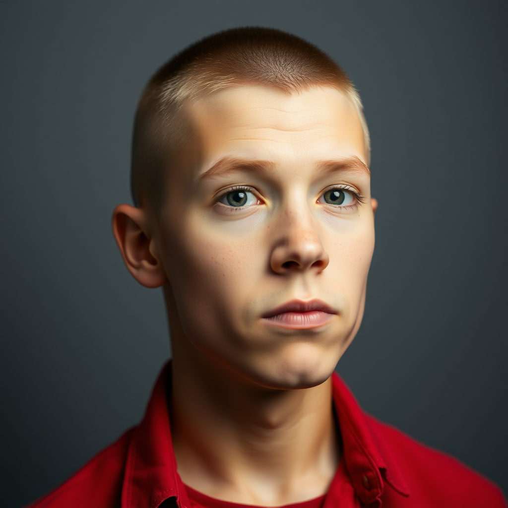 American, chubby, buzzcut hair, pale, red shirt