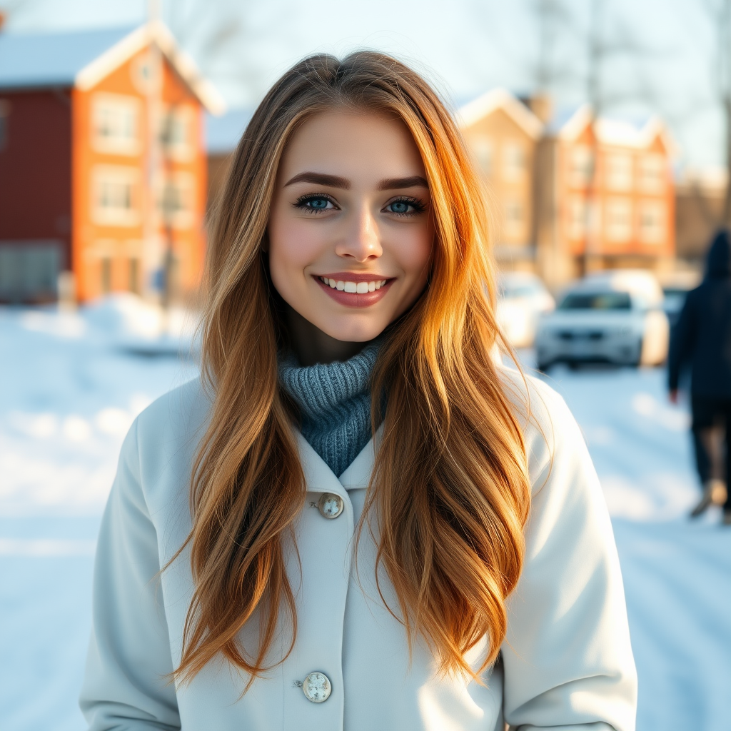 beautiful happy young woman with cherry blonde long hair, full lips, perfect eyebrows, pale skin, on Alaska during winter in Anchorage on sunny snow day