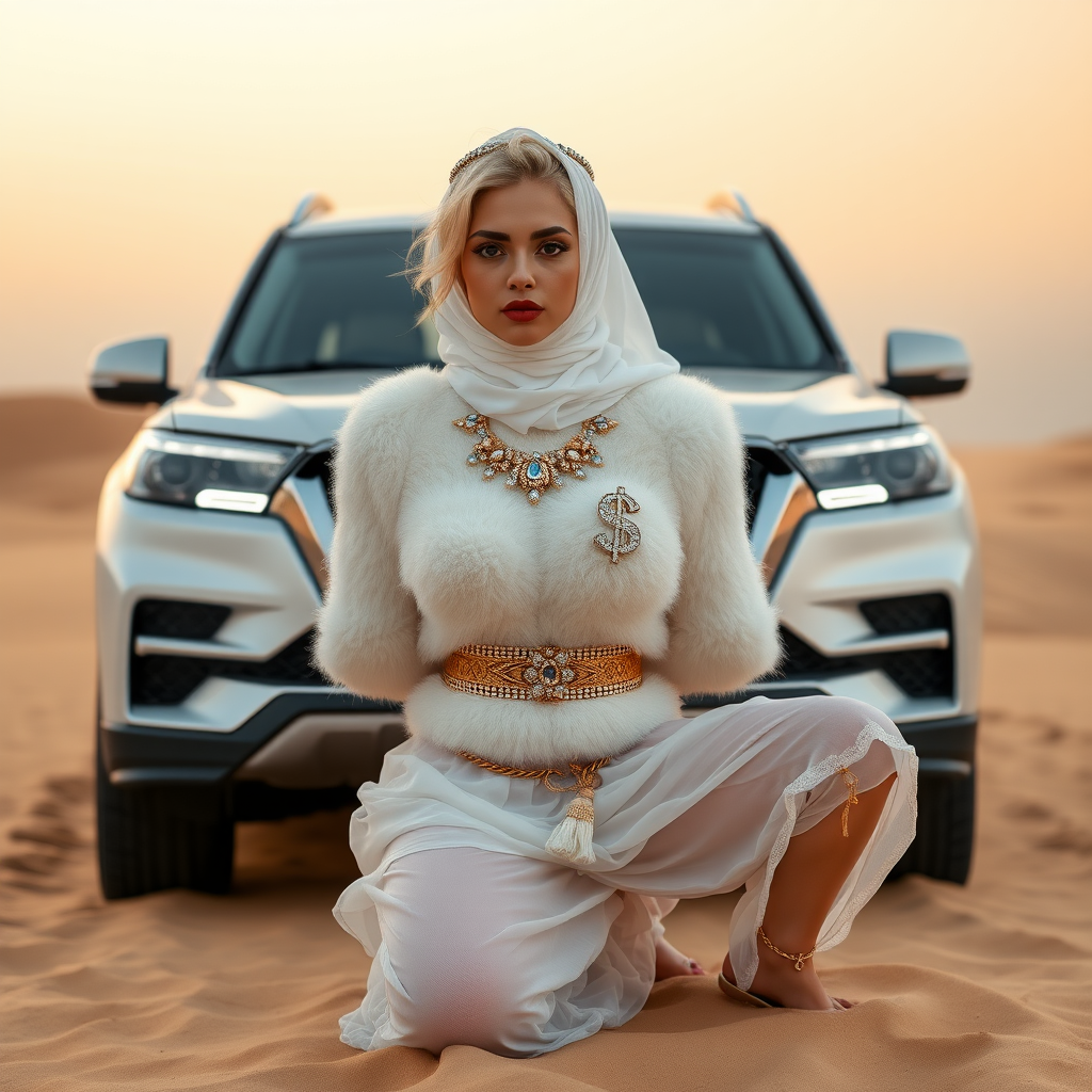 Kuwait desert dunes misty dawn, full size luxury SUV: Melissa, European 17 years old very convincing femboy “trophy-bimbo”, tamed servile docile, very beautiful feminine flawless face, rather short, by hormones very curvaceous womanly figured, platinum blond short tight curls, bold red lips, heavily made-up face, wearing Supertanya-style fluffy very fuzzy bright white angora turtleneck-poncho cropped ending under bust decorated with pearls and gemstones, striking oriental wide gold bridal protection belt, white fully transparent harem pants, full Oriental bridal jewelry including headpiece, white transparent Burka face veil covering noose and mouth, coin anklets, striking diamond “$$$” letter brooch on left chest, pout frustrated, hands tied behind back, kneeling in sand in front of SUV, looking at camera. Focus on face and turtleneck-poncho.