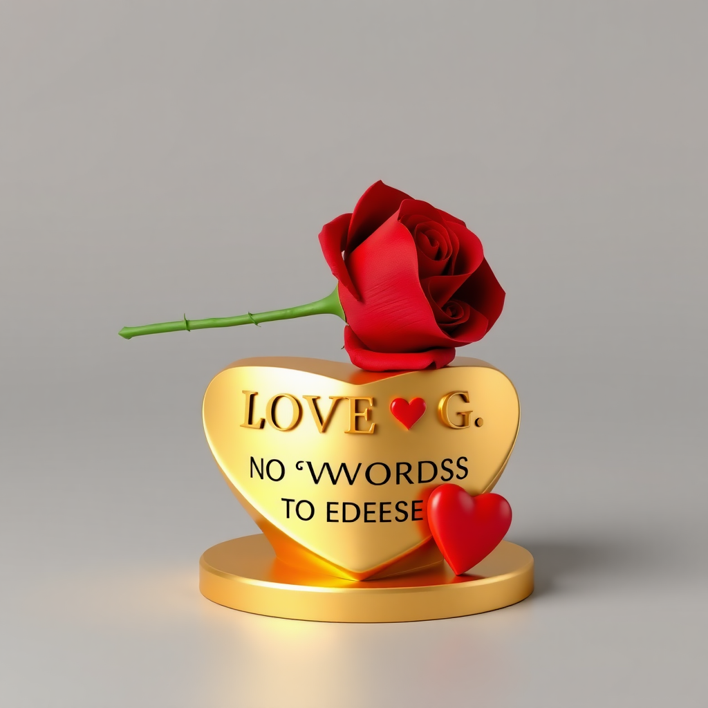 A 3D rendered anime-style medium shot of a red rose delicately resting atop a heart-shaped golden pedestal. The elegant name "LOVE ❤️ G. NO WORDS TO DESCRIBE YOU " is displayed on the pedestal in bold, black gold letters. A small contrasting red heart is placed along the pedestal. The smooth gray gradient background highlights the golden and red colors. The design exudes sophistication and luxury.