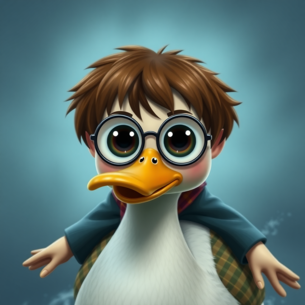 harry potter with huge eyes riding a duck