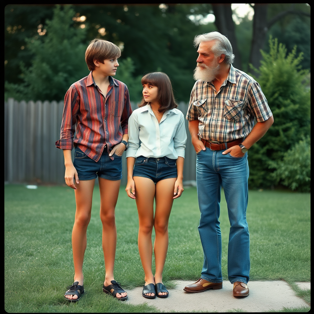 tall 14yo teen boy, long hair bob cut, wearing shirt and very tight booty shorts, long legs, narrow thighs, full-length front view. with bearded father wearing shirt, long jeans, shoes. looking at each other. 1970s. At backyard.
photorealistic, ultra high resolution, 16K,
Negative: grainy, blurry, bad anatomy, extra limbs, watermark.