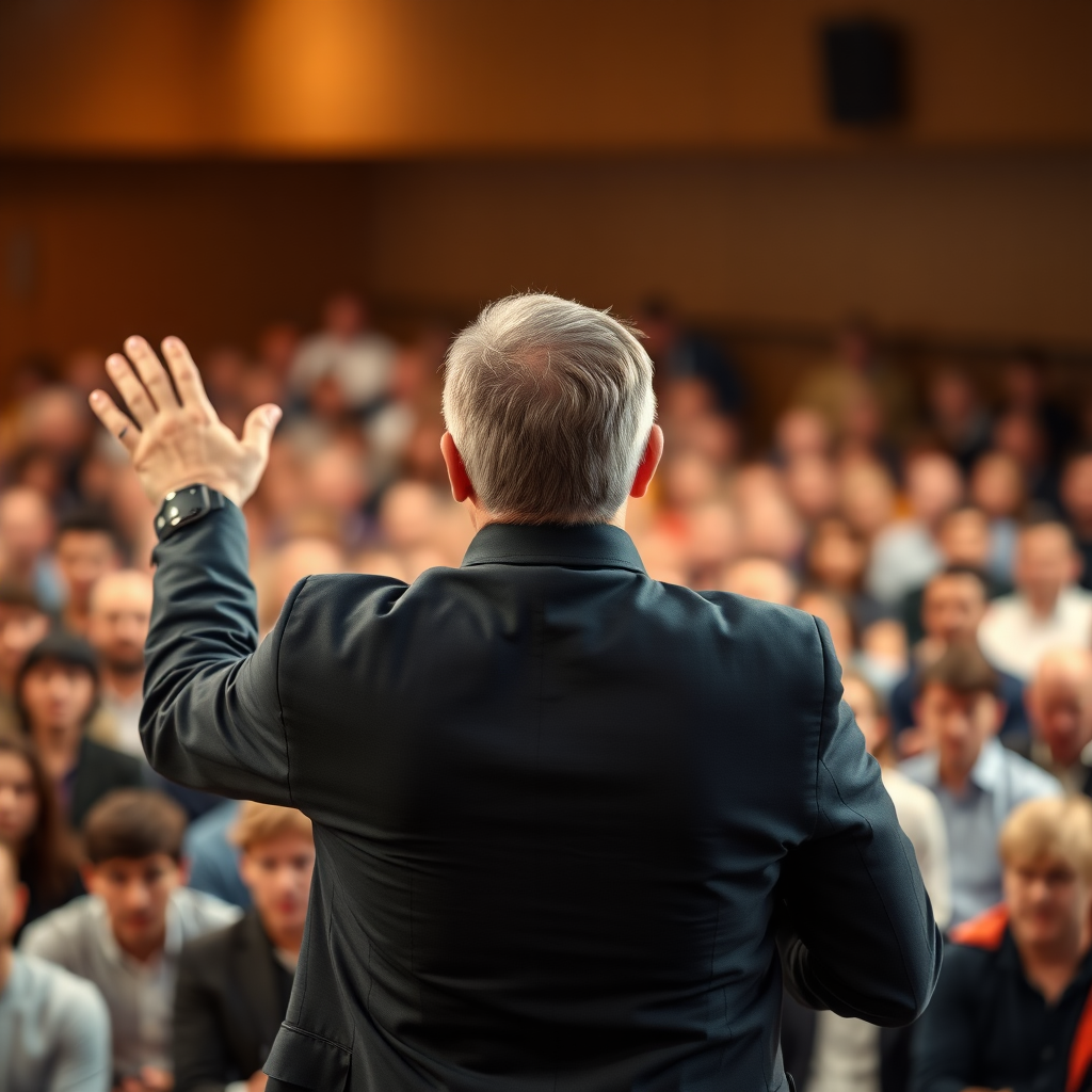 an image expressing leadership or influence, a man enthusiastically addressing an audience, his back to the camera, the audience blurred in front of him, a big crowd, stock photo