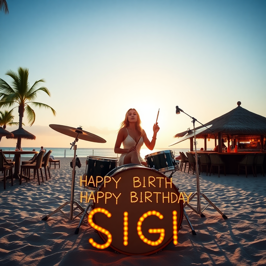 Lady sitting on drumset on beach with palms and bar, bass drum spelling the words "Happy Birthday Sigi"