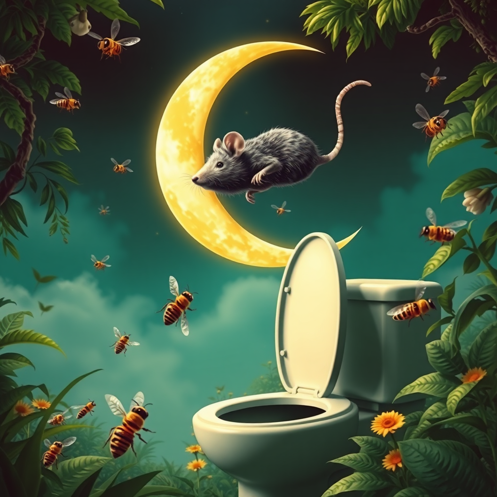 A rat politician diving off the moon into a toilet, bees, 2000s musical movie poster, no text, jungle