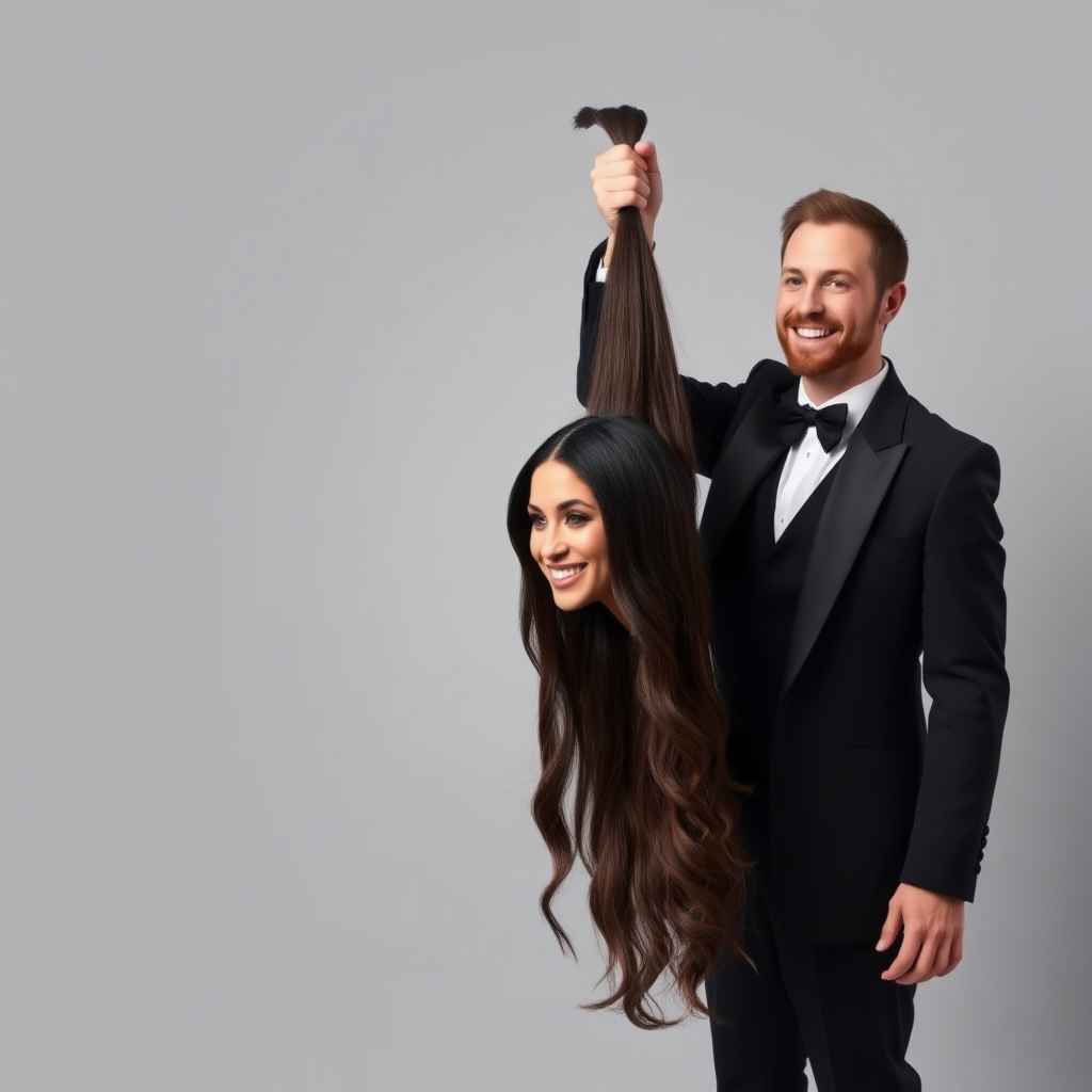 A surreal image of a smiling male magician standing to the side while holding up the disembodied head of a very long haired Meghan Markle by her hair to display it to the camera. He is grabbing her very long hair and pulling it up high in the air, while her head is hanging by her hair from his grasp. Plain gray background.