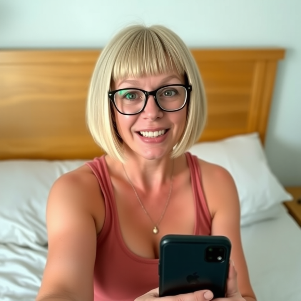 Woman, One, 40 Years old, British, Pale skin, White skin, Large top, Thick thighs, Busty thighs, Wide jaw, Sharp nose, Horny face, Happy face, Open mouth, Blonde hair, Bobcut, Short hair, Straight hair, Brown eye color, Glasses, Cotton shorts, Sleeveless t-shirt, necklace, Bed, Motherly, iPhone selfie