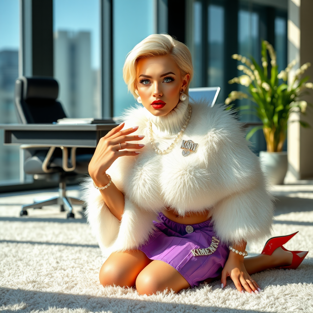 Sunny spring morning, modern glass-steel-concrete office, kneeling on fluffy carpet in front of CEO’s desk: Kimberly, 19 years old very convincing femboy “trophy-bimbo”, tamed servile docile, very beautiful feminine flawless face, rather short, by hormones very curvaceous womanly figured, platinum blond short tight curls, bold red lips, long white French nails, heavily made-up face, wearing Supertanya-style fluffy very fuzzy bright white angora turtleneck-poncho cropped ending under bust decorated with pearls and glass stones, purple vinyl pleated mini-skirt, bright red pumps with golden very high heels, white pearl belly piercing, large pearl earrings, striking diamond “KIMBERLY” letter brooch on left chest, thick heavy pearl wristlets, pearl anklets, pout frustrated, leaning forward hands on carpet presenting her assets, looking at camera. Focus on face and turtleneck-poncho.