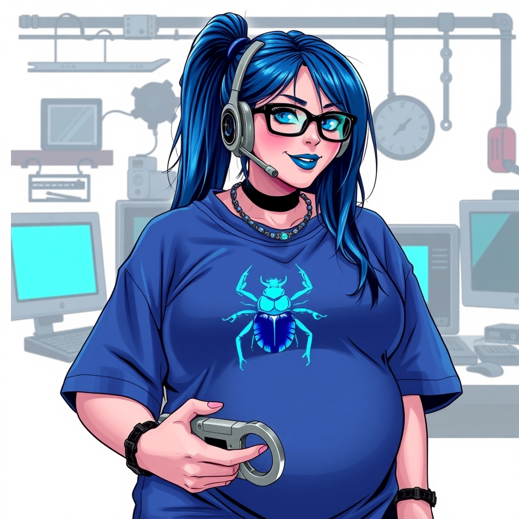 A cyberpunk vigilante’s full-figured intelligent and tech-savvy 28-year-old girlfriend, who is a computer hacker and tech genius. She has a long maximum blue ponytail. She wears maximum blue lipstick, bright blue eyes, a sapphire beetle gemstone necklace, sapphire earrings, black eyeglasses, and an oversized maximum blue t-shirt featuring a blue sapphire gemstone crusted chest icon of a beetle. She has a full-figured physique with a prominent, massive, round belly, reflecting her well-cared-for lifestyle. She sports a sapphire headset with a hi-tech maximum turquoise lensed HUD, and a shy smile with a neon red blush. She serves as his tech expert from his hideout, diligently working at her workbench and computer desk, while holding an electronic wrench and a holographic computer tablet. The background is solid white. She is drawn as if she was in a retro 2D cyberpunk fighting game. Ensure her maximum blue t-shirt covers her belly.