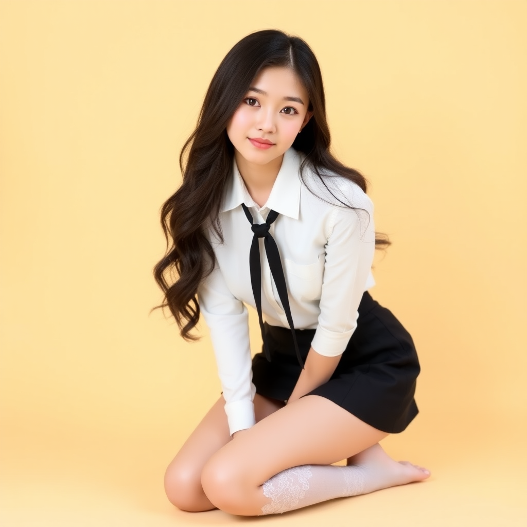 Asian portrait. A young woman, possibly in her early twenties, with long, wavy black hair and fair skin, is kneeling in front of a light yellow background. She has lovely eyes and is looking towards the camera. She is wearing a white shirt with a tie, a black mini skirt, white lace stockings and no shoes.